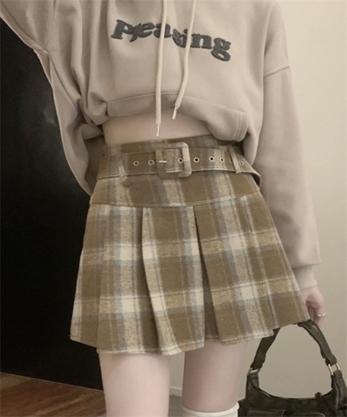 FREE STYLISTS スカート ウエストベルト付き チェック柄プリーツ