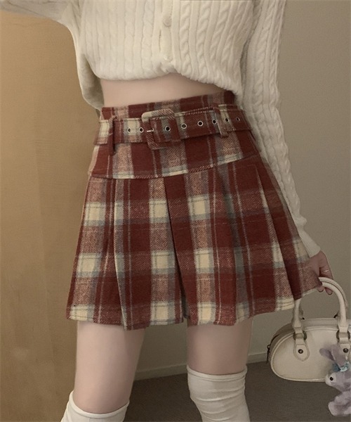 チェック柄 プリーツスカート ベルト付き FREE STYLISTS スカート ウエストベルト付き チェック柄プリーツ