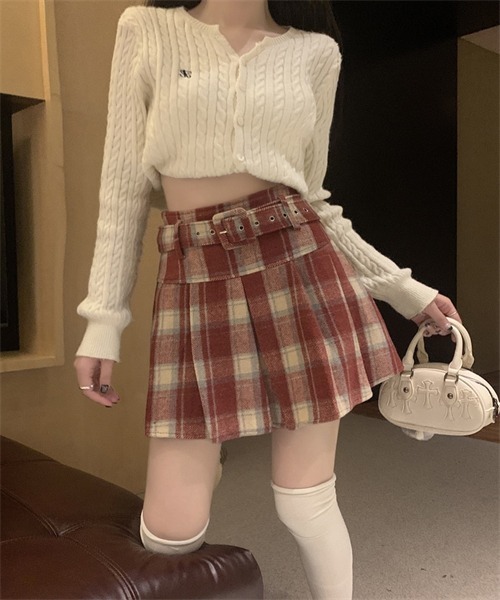 FREE STYLISTS スカート ウエストベルト付き チェック柄プリーツ