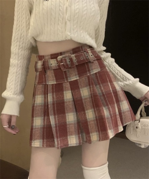 レザーベルトチェックプリーツミニスカート レザーベルトチェックプリーツミニスカート – pium