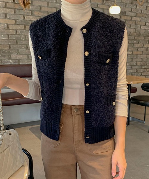 niceone ゴールドボタン　飾りボタン　ベスト　ジレ　日本製　ウール100% ベスト ジレ ゴールドボタンファーベスト レディース : ZOZOTOWN Yahoo