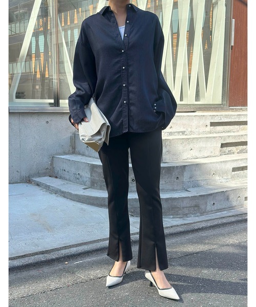 eM パンツ ストレッチフロントジップフレアパンツ レディース