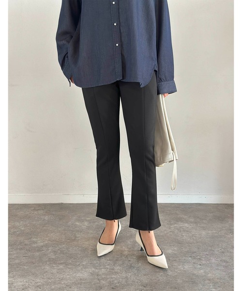 eM パンツ ストレッチフロントジップフレアパンツ レディース