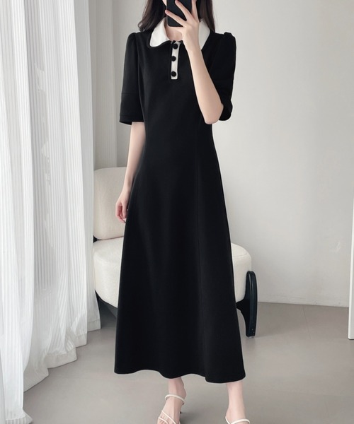 ABITOKYO ワンピース 配色ポロ襟Aラインスウェットワンピース