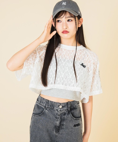 ANAP GiRL tシャツ ライン入 レース クロップド トップス キッズ