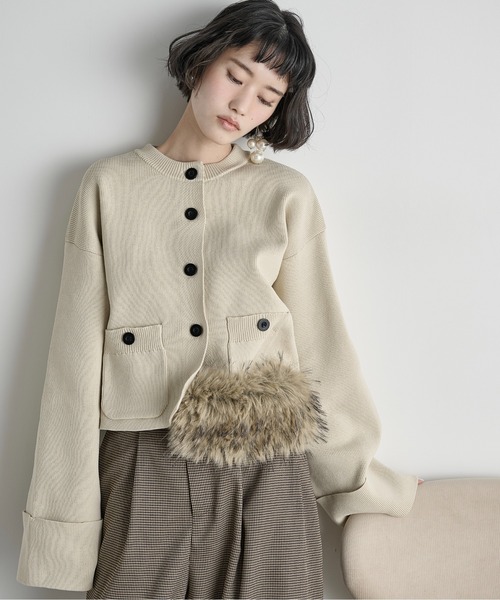 THE Yon カーディガン ゴム編みクロップドニットカーディガン