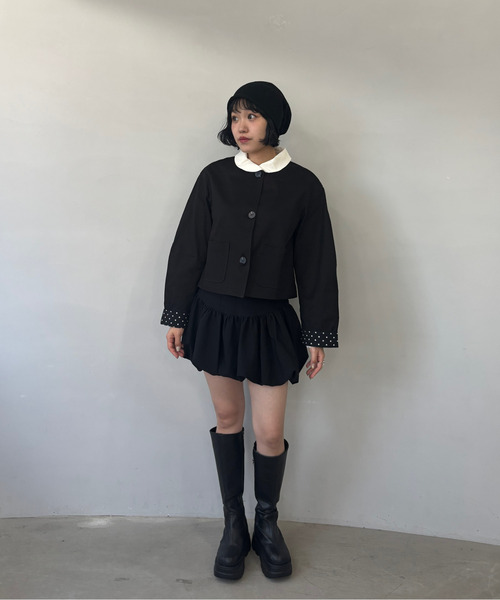 コート アウター ラウンドカラー ドット柄 ショートジャケット 