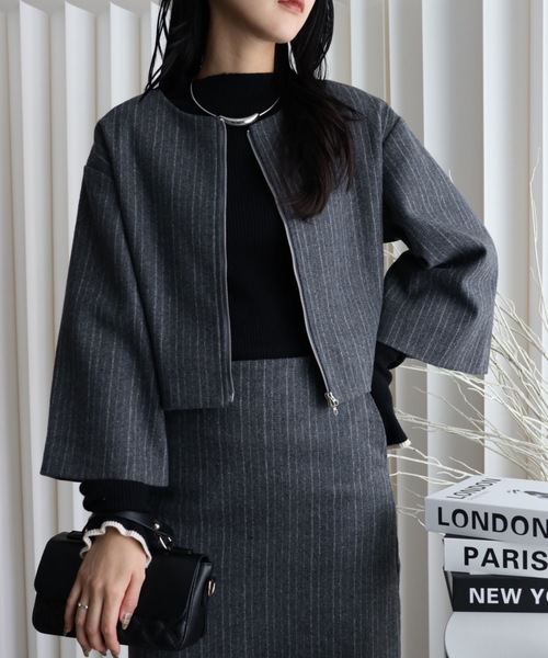 YENNA ジャケット ノーカラージャケット 「ストライプFウールノー