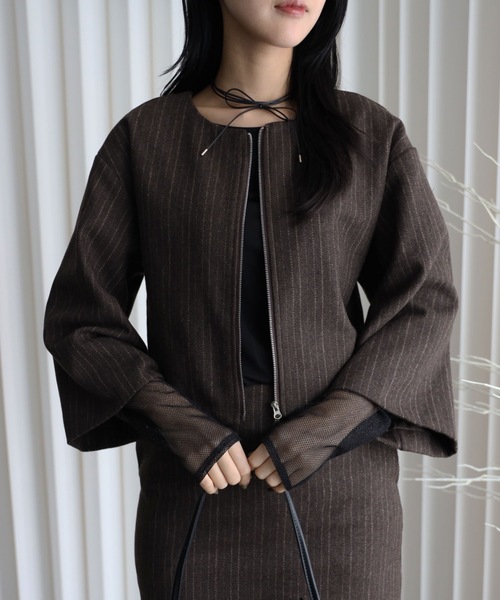 YENNA ジャケット ノーカラージャケット 「ストライプFウールノー