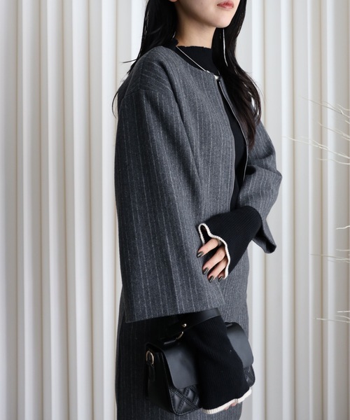 YENNA ジャケット ノーカラージャケット 「ストライプFウールノー