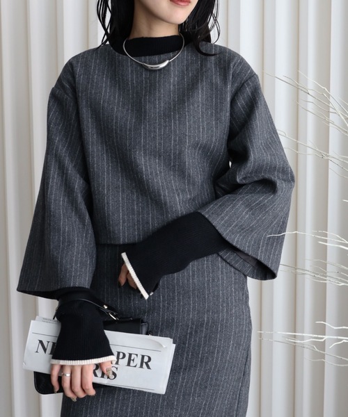 YENNA ジャケット ノーカラージャケット 「ストライプFウールノー