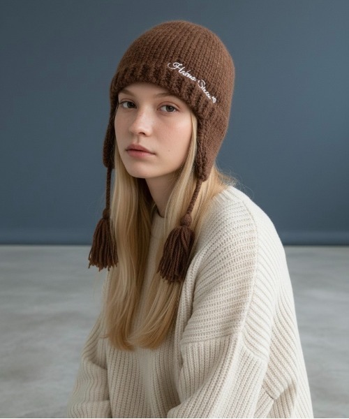 alexiastam ブラウン ニット帽 刺繍ロゴ付き ALEXIA STAM（アリシアスタン） ニット帽 ニットキャップ BABY ALEXIA