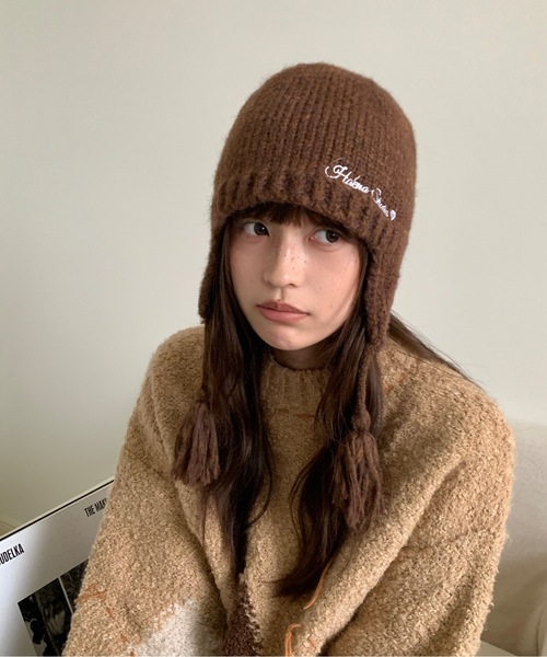alexiastam ブラウン ニット帽 刺繍ロゴ付き ALEXIA STAM（アリシアスタン） ニット帽 ニットキャップ BABY ALEXIA