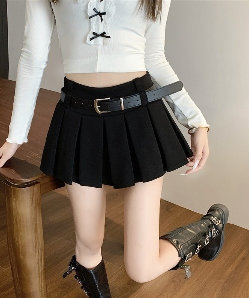 lilful スカート ウエストベルト付き サイドジップ スウェットプリーツ