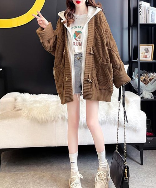 23区・ブラウン ケーブル編み フード付きカーディガン GLAMOROUS JANE（グラマラスジェーン） カーディガン 裏毛フード付き