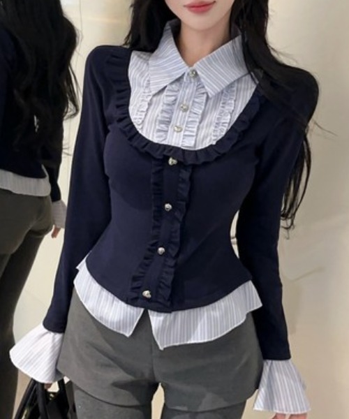 Sibra（シブラ） tシャツ 配色フェイクレイヤード フリル×ビジュー