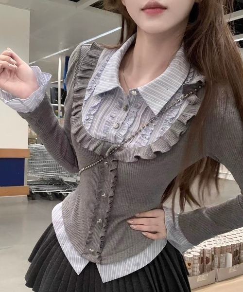 Sibra（シブラ） tシャツ 配色フェイクレイヤード フリル×ビジュー