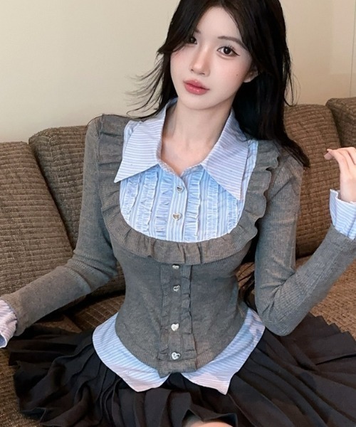 Sibra（シブラ） tシャツ 配色フェイクレイヤード フリル×ビジュー