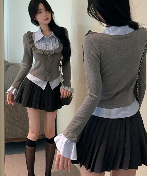 Sibra（シブラ） tシャツ 配色フェイクレイヤード フリル×ビジュー