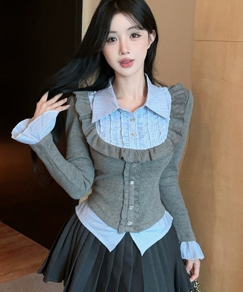 Sibra（シブラ） tシャツ 配色フェイクレイヤード フリル×ビジュー