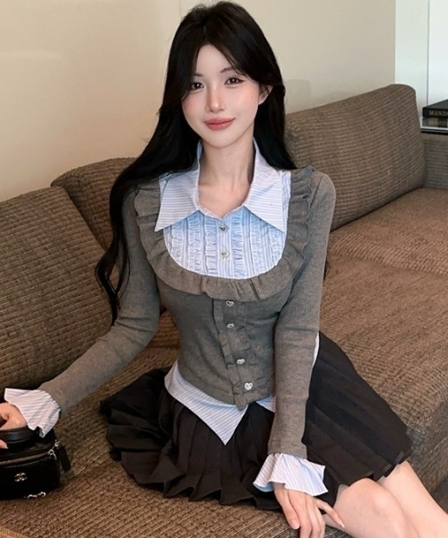 Sibra（シブラ） tシャツ 配色フェイクレイヤード フリル×ビジュー