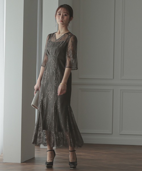 ワンピース kana セール】レース 切り替え ビスチェ風 シンプル 長袖 ワンピース