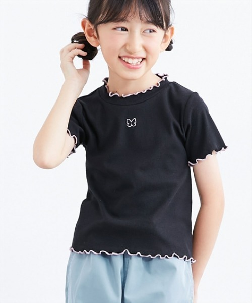 リブ素材 ブラック 半袖Tシャツ tシャツ 選べる♪リブ半袖デザインTシャツ キッズ 子供服 女の子