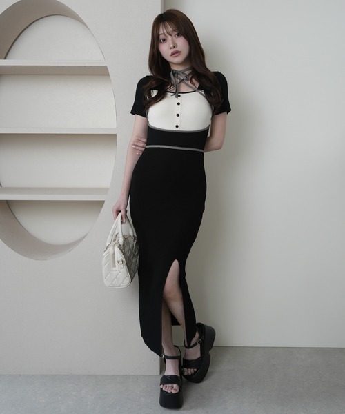 ご購入者様決定［LIP SERVICE］タイトワンピース  ベージュ セクシーシルエット LIP SERVICE（リップサービス） ワンピース チェックパイピングタイト
