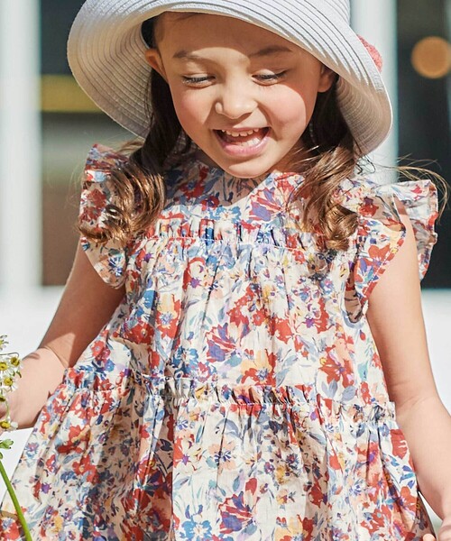 ブラウス シャツ 「お揃い」「DEVEAUX」ローンフラワープリントフリル袖ブラウス キッズ 子供服 女の子の画像