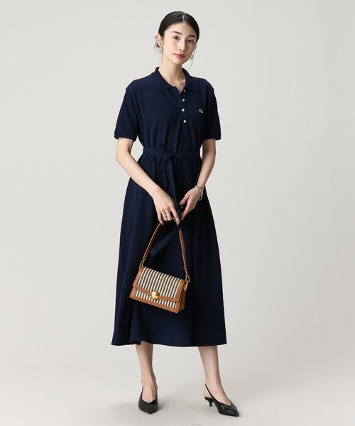 美品 LACOSTE ポロワンピース 鹿子 フレア ベルト ドロップショルダー LACOSTE（ラコステ） ワンピース 夏 半袖 インディゴ鹿の子ポロドレス