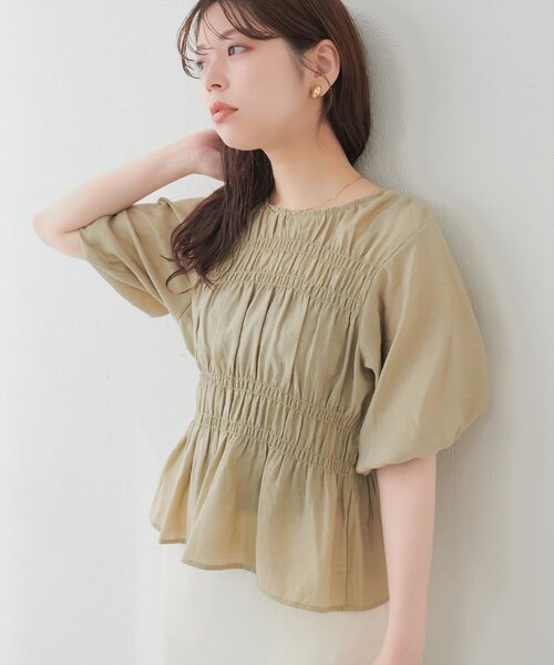 natural couture ブラウス シャツ 半袖 シャーリングパフスリーブ