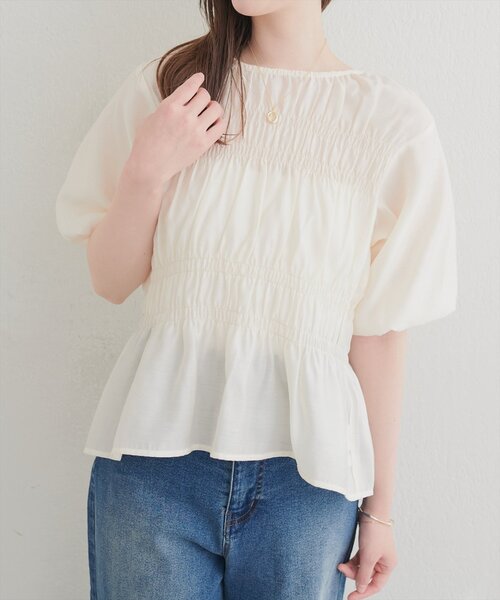 natural couture ブラウス シャツ 半袖 シャーリングパフスリーブ