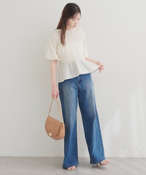 natural couture ブラウス シャツ 半袖 シャーリングパフスリーブ
