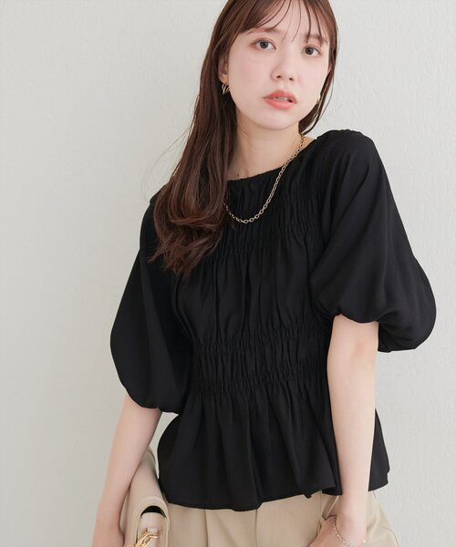 ハーリップトゥ⭐︎パフスリーブ シャーリング ブラウス 半袖 natural couture ブラウス シャツ 半袖 シャーリングパフスリーブ