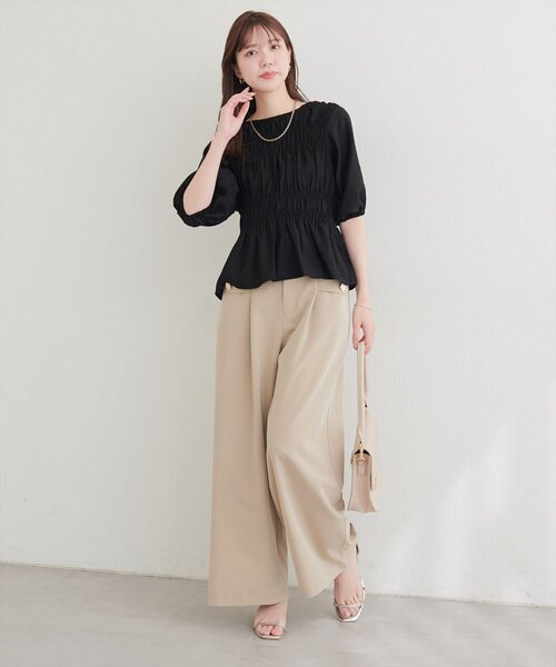 natural couture ブラウス シャツ 半袖 シャーリングパフスリーブ