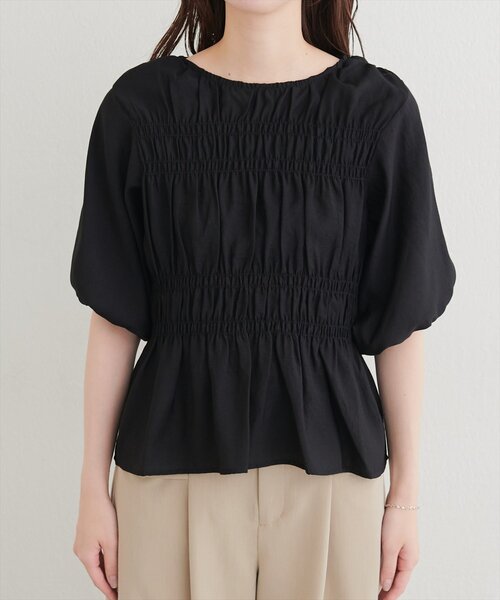natural couture ブラウス シャツ 半袖 シャーリングパフスリーブ