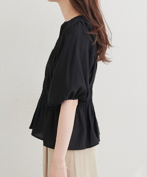 natural couture ブラウス シャツ 半袖 シャーリングパフスリーブ