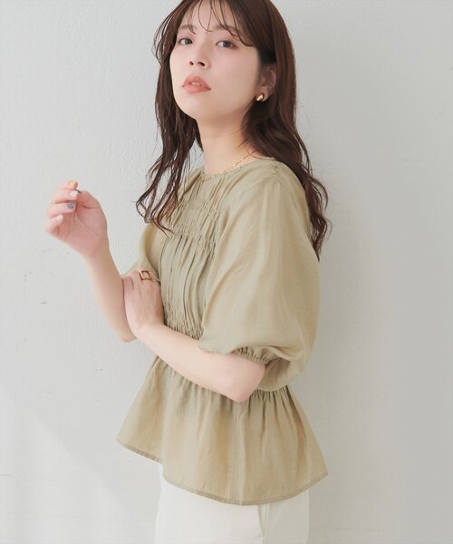 natural couture ブラウス シャツ 半袖 シャーリングパフスリーブ