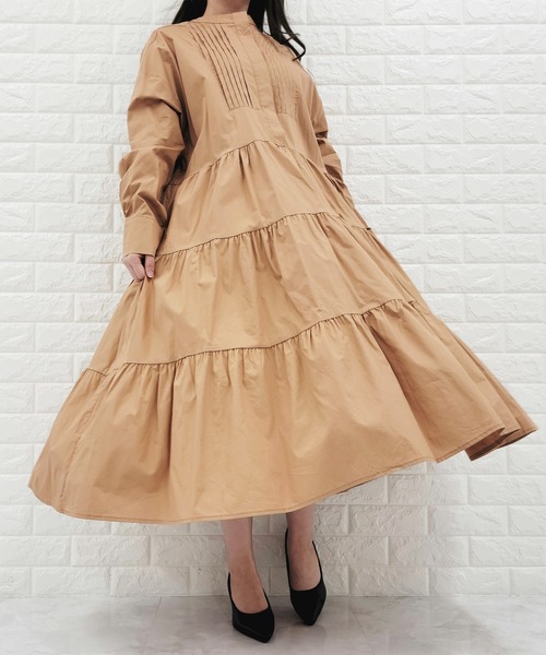 Lace Ladies シャツワンピース 長袖ティアードシャツワンピース