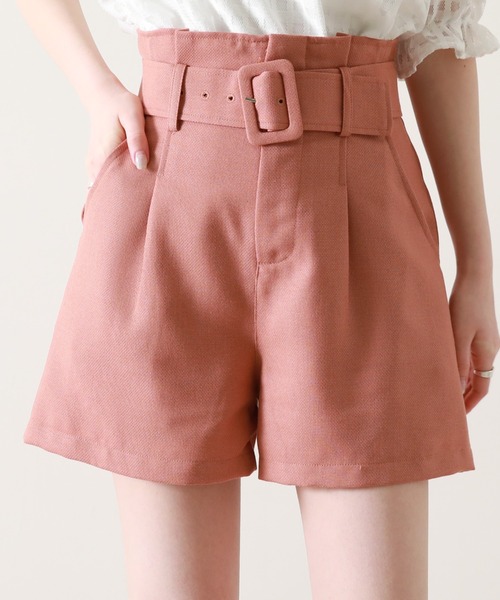 パンツ 【サイズ展開あり】ベルト付きタックショートパンツ