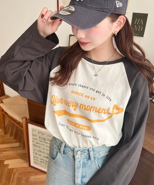 moment+ tシャツ 綿100％天竺.ラグランロゴプリントロンT レディース
