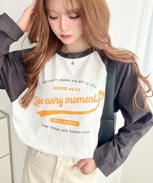 moment+ tシャツ 綿100％天竺.ラグランロゴプリントロンT レディース