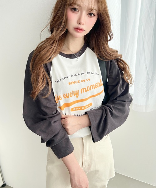 moment+ tシャツ 綿100％天竺.ラグランロゴプリントロンT レディース