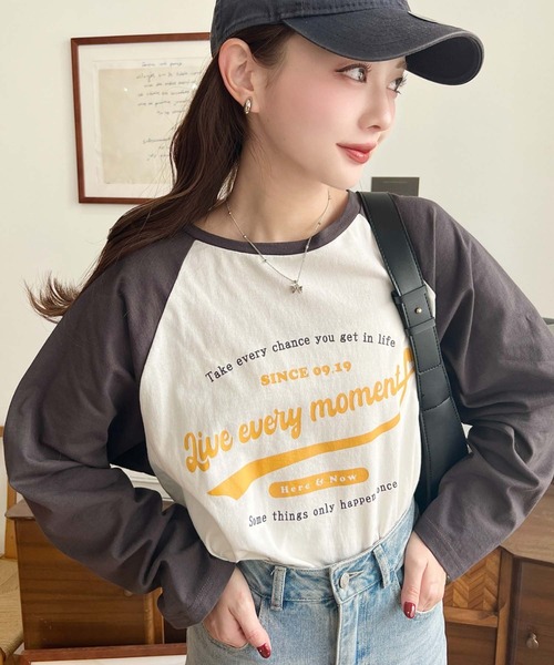 moment+ tシャツ 綿100％天竺.ラグランロゴプリントロンT レディース