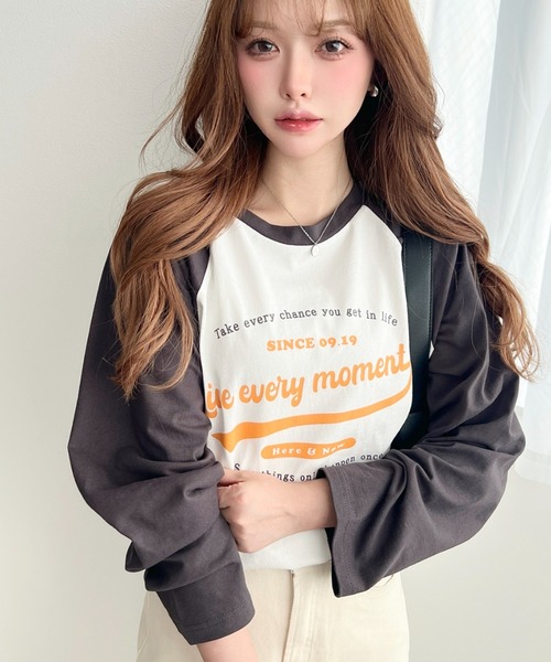 moment+ tシャツ 綿100％天竺.ラグランロゴプリントロンT レディース