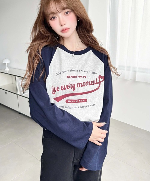 moment+ tシャツ 綿100％天竺.ラグランロゴプリントロンT レディース