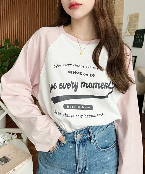 tシャツ Tシャツ 綿100％天竺.ラグランロゴプリントロンT レディース 