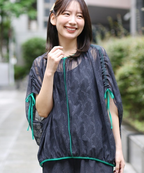 tシャツ リーフメッシュレースポンチョプルオーバー レディース