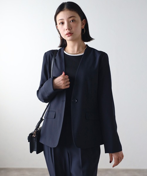 美品 untitled パンツスーツ セットアップ ノーカラー 洗える 黒 3 RIRIYANO（リリヤーノ） セットアップ 「洗える」2点テーパードパンツ