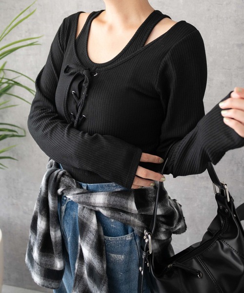 WEGO tシャツ WEGO/レイヤードレースアップ長袖トップス